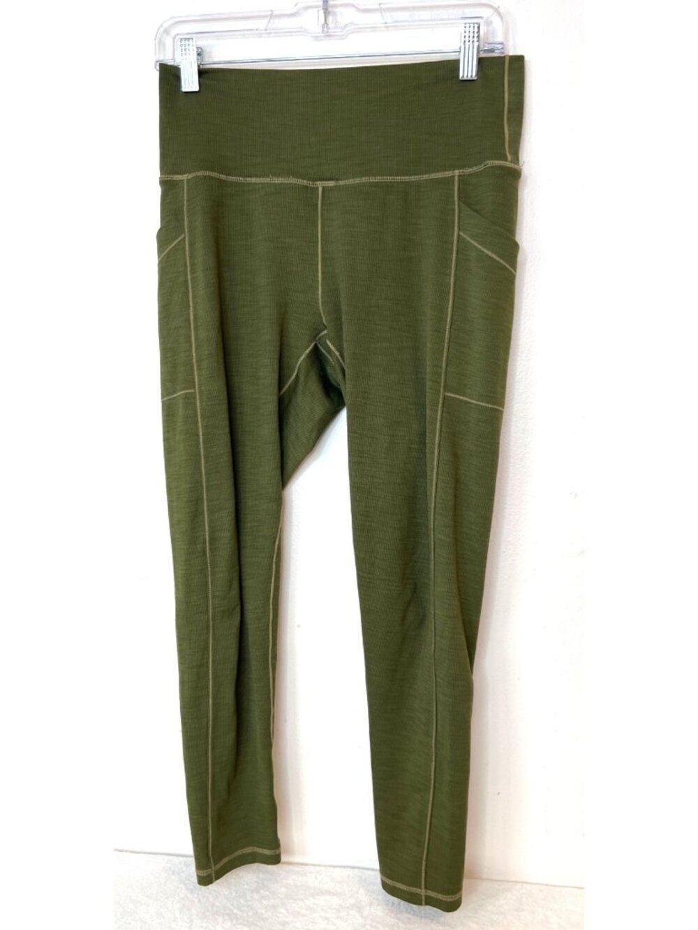 Prana Becksa Leggings Olive Green Ribbed High Rise Leggings Side Pockets Large